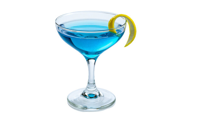 Blue cocktail in a coupe glass with lemon twist, isolated on transparent background