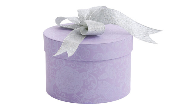 Lavender patterned round gift box with silver glitter bow, isolated on transparent background