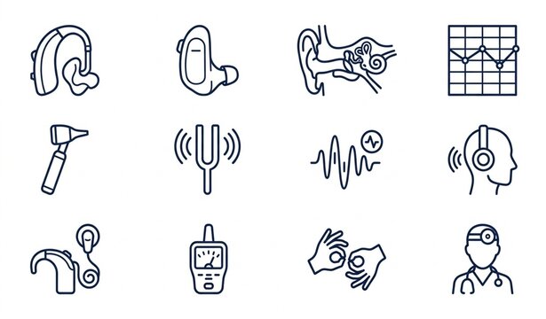 Complete hearing instrument and auditory health vector icon set in linear pictogram style for audiology clinic medical devices and app design on white background