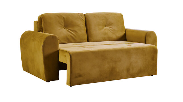 Mustard yellow velvet sofa bed with tufted cushions, isolated on transparent background