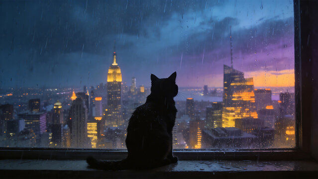 Cat overlooking cityscape in rain