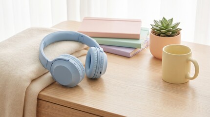 Obraz premium Soft Pastel Desk with Noise Canceling Headphones
