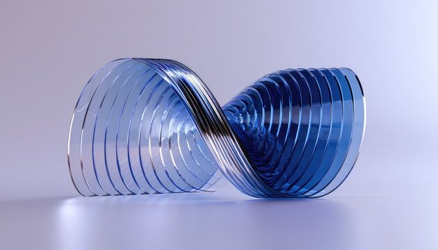 Abstract sculpture of stacked, translucent blue glass, forming a M?bius strip
