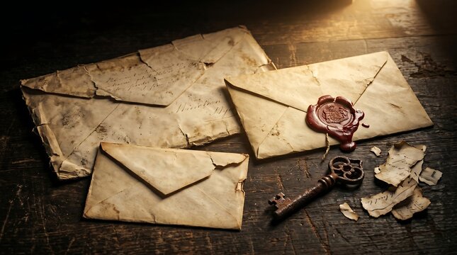 Vintage envelopes with wax seal and key. Old parchment letters on a dark wooden table.
