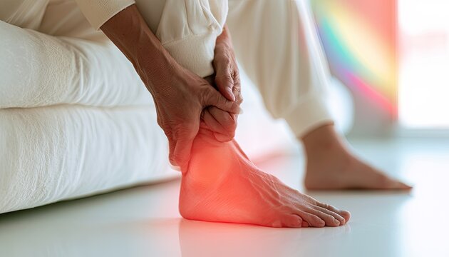 Close-up of person holding foot with red inflammation indicating pain