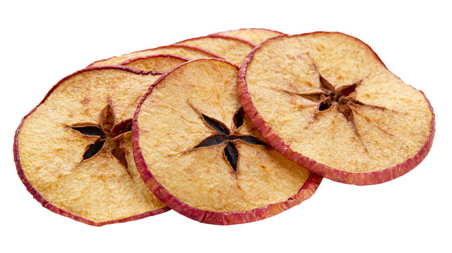 Dried apple slices with red skin and star-shaped core, isolated on transparent background
