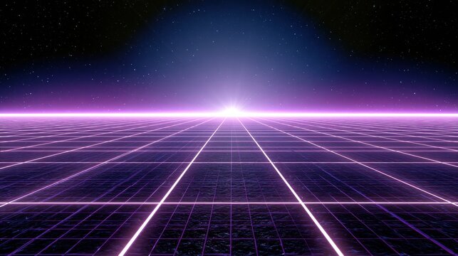 Retro futuristic grid horizon with starry night sky and bright light