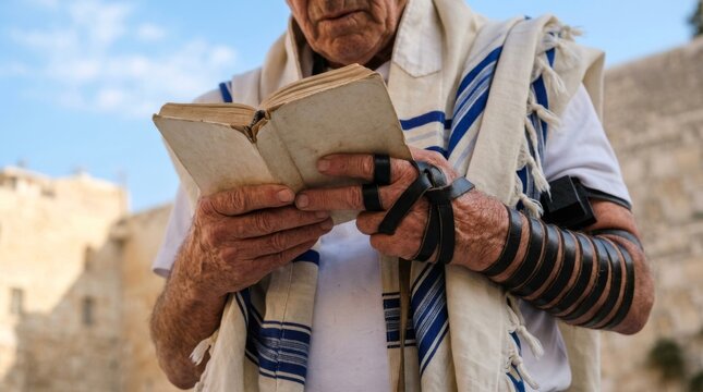 Jewish man with tallit and tefillin reading from a prayer book with blurred wailing wall and blue sky in background
