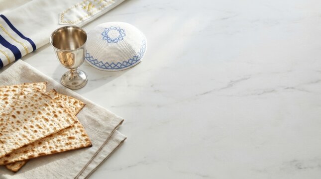 Traditional passover elements: matzah, kiddush cup, tallit, and yarmulke on marble table with copy space