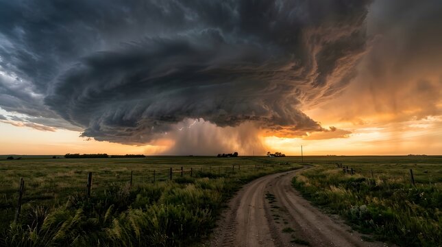Majestic panoramic view of a swirling supercell thunderstorm dominating a vast green prairie landscape at sunset, with a winding dirt road.