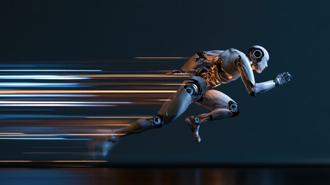 Futuristic robot sprinting with streaks of light suggesting rapid motion