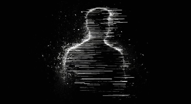 A digitally rendered human silhouette disintegrating into abstract streaks and particles