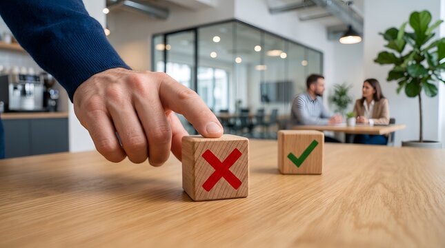 Compliance and evaluation feedback loop with hand selecting red decline cross block over green approval checkmark during business decision making