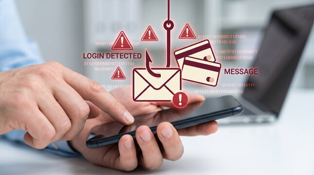 Mobile phishing scam alert showing a digital hook catching an email with compromised credit card data and login warnings