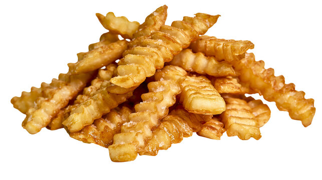 Golden brown crinkle cut french fries pile, isolated on transparent background