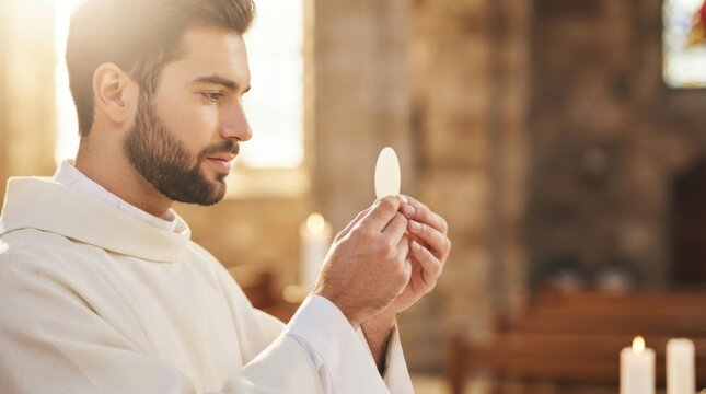 Priest holding eucharist wafer during a religious service in a church with stained glass windows in the background