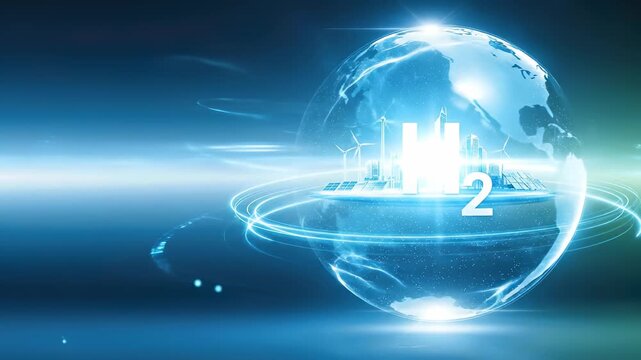 Global sphere demonstrating hydrogen energy production, sustainable green development, clean fuel technology, renewable power generation, eco-friendly industrial solution.