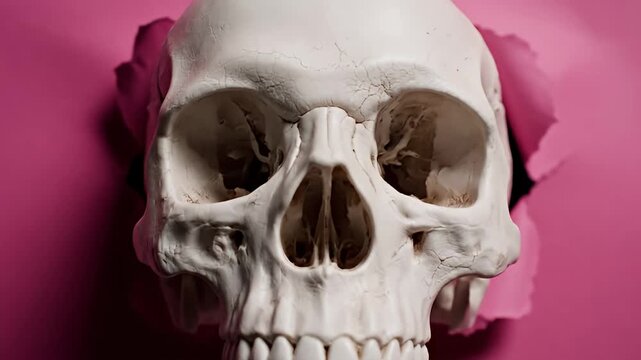 Human skull emerging through torn pink paper.