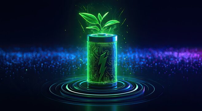 Glowing green battery with plant sprout on dark, futuristic, sparkling background