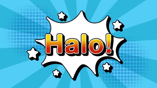 Halo text word lettering popup comic cartoon reveal with bomb and smoke explosion manga anime book page dots with radial speed lines doodle sky blue background with seamless loop animation retro	
