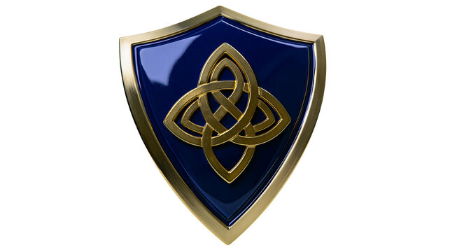 Shiny blue shield with golden Celtic knot emblem, isolated on transparent background