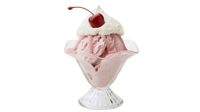 Pink strawberry ice cream sundae with whipped cream and cherry, isolated on transparent background