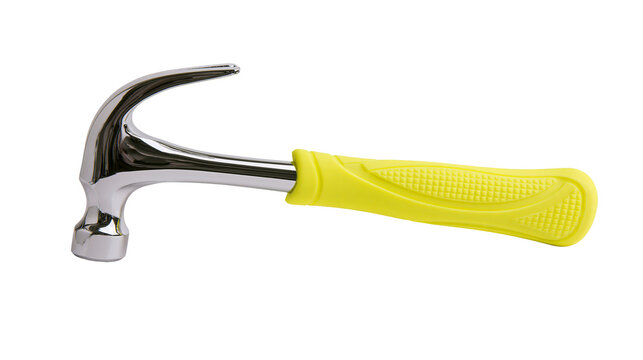 Shiny chrome claw hammer with textured yellow rubber grip, isolated on transparent background
