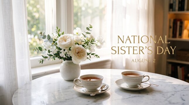 National Sister's Day greeting card, elegant white roses and tea cups on marble table, bright morning interior with August 4 text