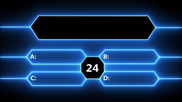 Neon Quiz Animation with option selection on black background ,Quiz template challenge with option selection. Animation of a neon blue quiz with a choice of answer options 30 sec of your time. 4k