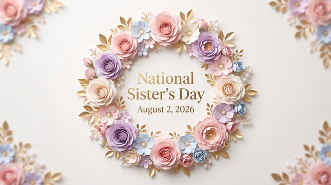 National Sister's Day greeting card, elegant paper flower wreath with pastel roses and gold leaves, floral celebration background for August 2 2026