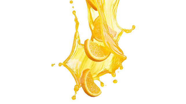 Orange slices splashing into vibrant orange juice, isolated on transparent background