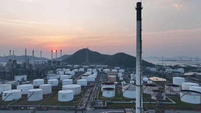 Aerial view oil and gas refinery petrochemical storage tank and pipeline steel, Oil and gas transportation system pipeline steel at oil and gas refinery industry chemical plant, Pipeline oil and gas.