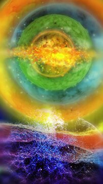 A vibrant abstract cosmic composition featuring glowing planets, colorful nebula clouds, sparkling particles, and luminous energy waves, creating a surreal futuristic universe filled with mystery, dep