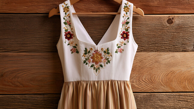 Bavarian dirndl dress with floral embroidery hanging on wooden backdrop  