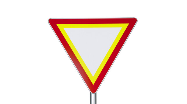 Red and yellow bordered triangular yield sign, isolated on transparent background