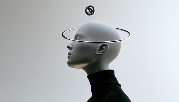 Minimalist, surrealistic 3D portrait of a featureless head with a metallic halo