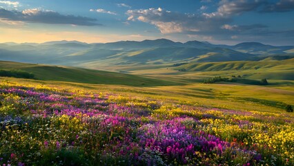 Obraz premium Vibrant wildflower meadow at sunrise with distant mountains.
