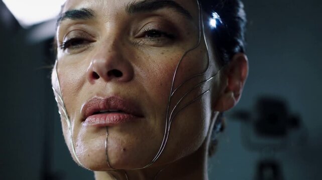 LED signaling woman with wires showing facial shifts lifting chin and parting lips for studio test