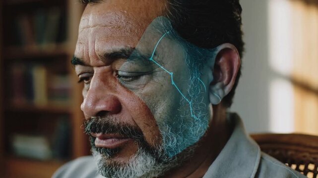 Showing senior man in study in collared shirt having cyan lines starting overlay across right-cheek