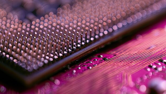 Extreme close-up of computer processor pins and vibrant pink circuit board traces