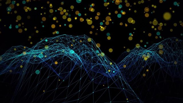 Digital wireframe landscape with floating particles representing complex data network in dark cyberspace 1 24