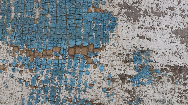 A close-up of an old surface with peeling paint. On the left side, a dense layer of cracked blue paint is visible, resembling a mesh. On the right, a worn white base with stains and chips predominates
