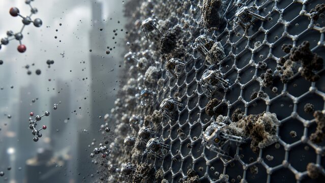 Advanced environmental technology visualization showing a microscopic nanobot performing air pollution management and molecular filtration to capture toxic particles in the atmosphere