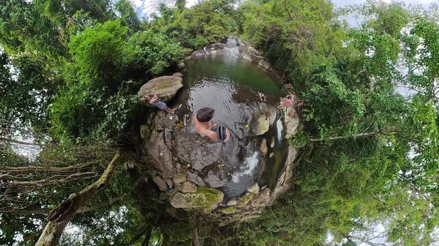 Tiny Planet 360&deg; View of Paquet&aacute; Waterfall, Atlantic Rainforest, Ilhabela, Brazil