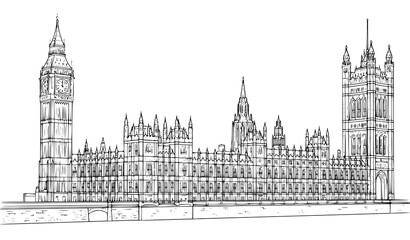Obraz premium Big Ben and Houses of Parliament Outline Vector