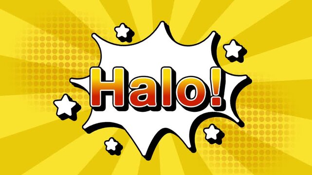 Halo text word lettering popup comic cartoon reveal with bomb and smoke explosion manga anime book page dots with radial speed lines doodle yellow background with seamless loop animation retro	