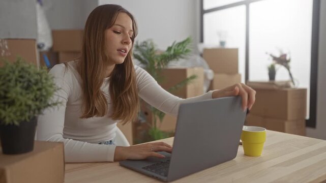 Young woman typing with hands on laptop at a wooden table surrounded by moving boxes and a potted plant in a building; moving day fatigue.