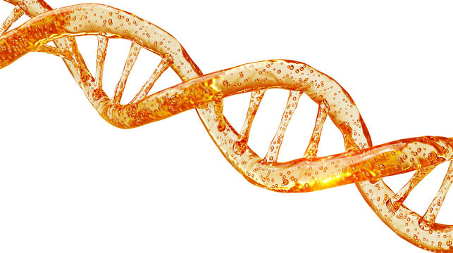 Orange liquid DNA helix with bubbles, isolated on transparent background