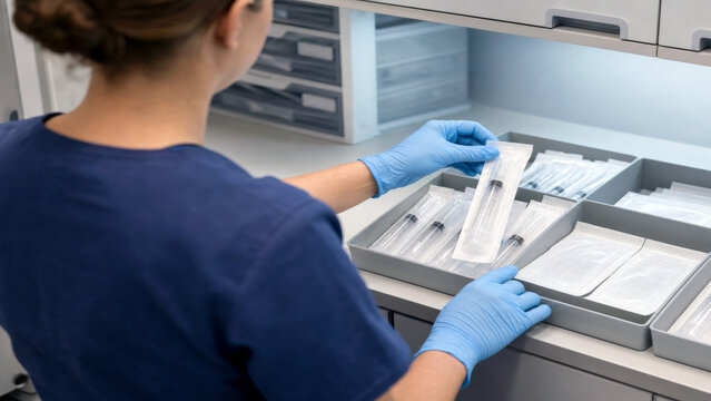 Clinician Preparing Supplies in Hospital Setting