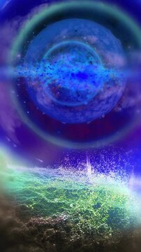 A vibrant abstract cosmic composition featuring glowing planets, colorful nebula clouds, sparkling particles, and luminous energy waves, creating a surreal futuristic universe filled with mystery, dep